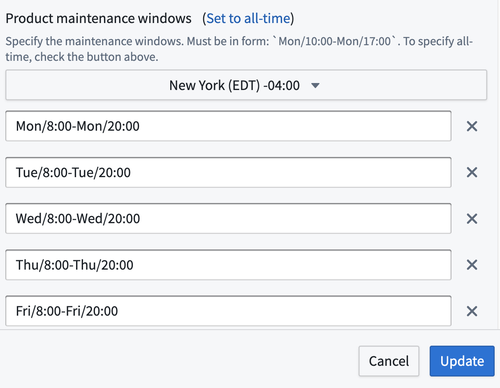 Product maintenance window modal