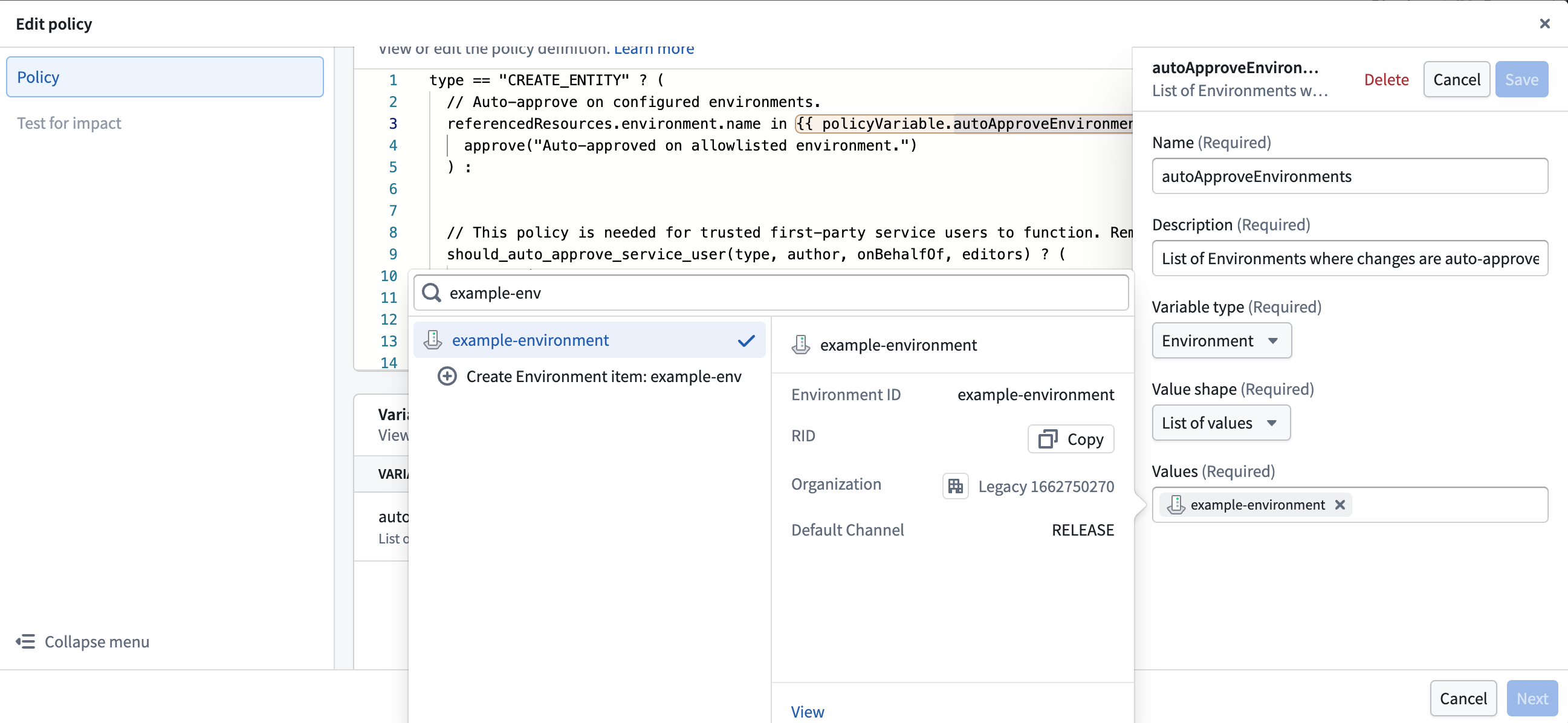 The autoApproveEnvironments variable lists environments that qualify for automatic approval.