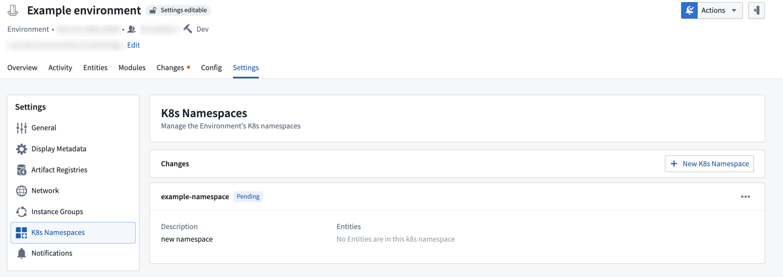 An example Environment with a namespace created.