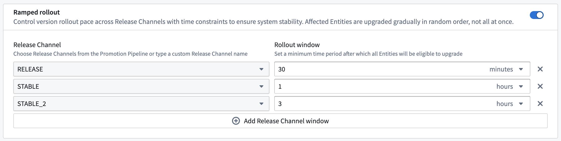Example Product settings with ramped rollouts configured.