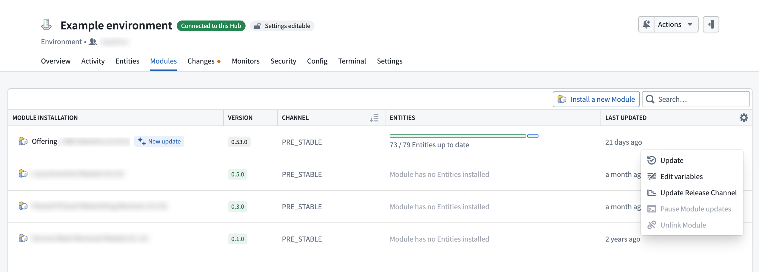 Override the default Release Channel for existing Module installations by selecting Update Release Channel.