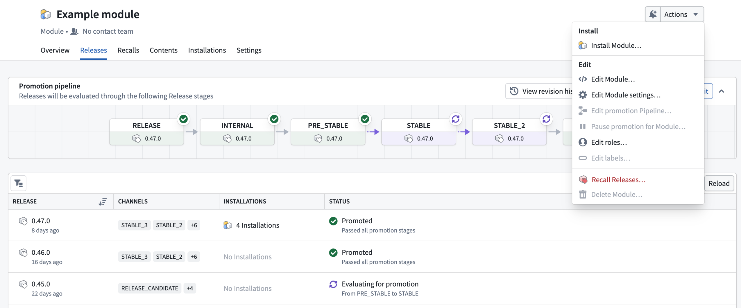 Recall a Module from the Module page by selecting Recall Releases from the Actions dropdown.
