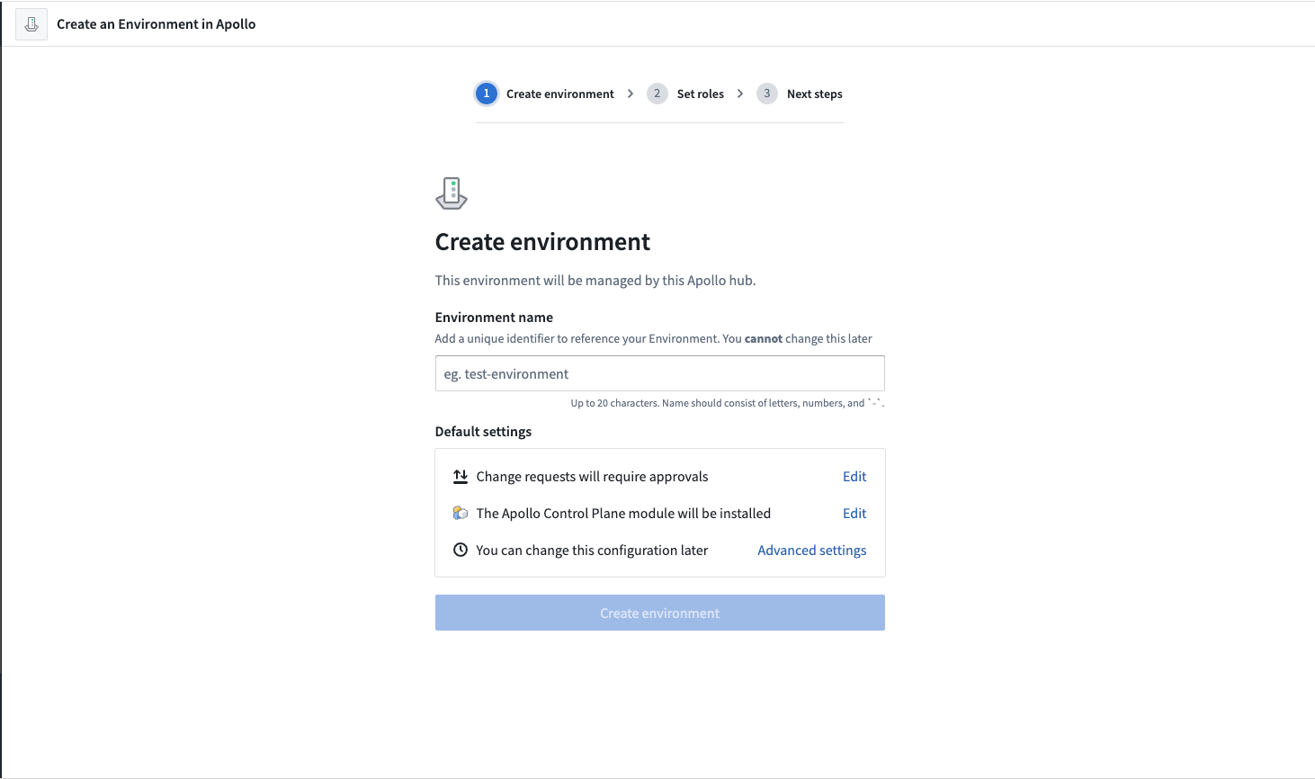 The Register Environment workflow in Apollo.