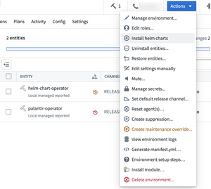 The Actions dropdown is expanded and the Install helm charts option is highlighted.