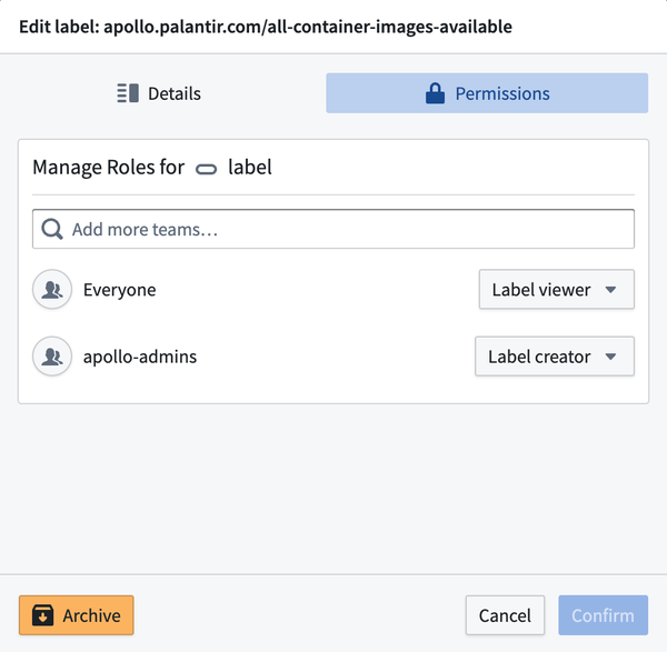 The Permissions tab of the label settings menu is shown.