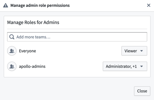 The manage admin roles menu is open. Everyone has the Viewer role and the apollo-admins team has the Administrator role.