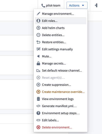 The Manage environment option in the Actions dropdown is highlighted.