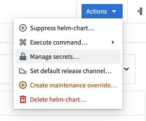 The Actions dropdown is expanded and the Manage secrets option is highlighted.