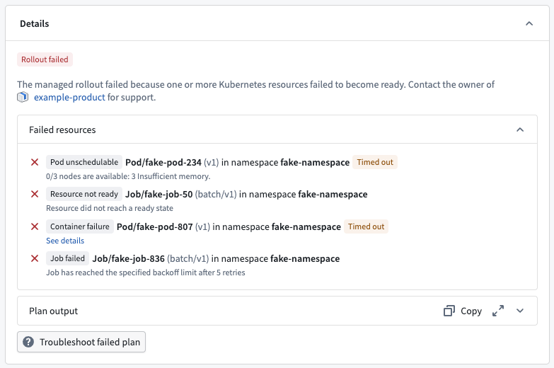 The Details panel for a failed Helm chart rollout, listing the Kubernetes resources that failed to become ready.