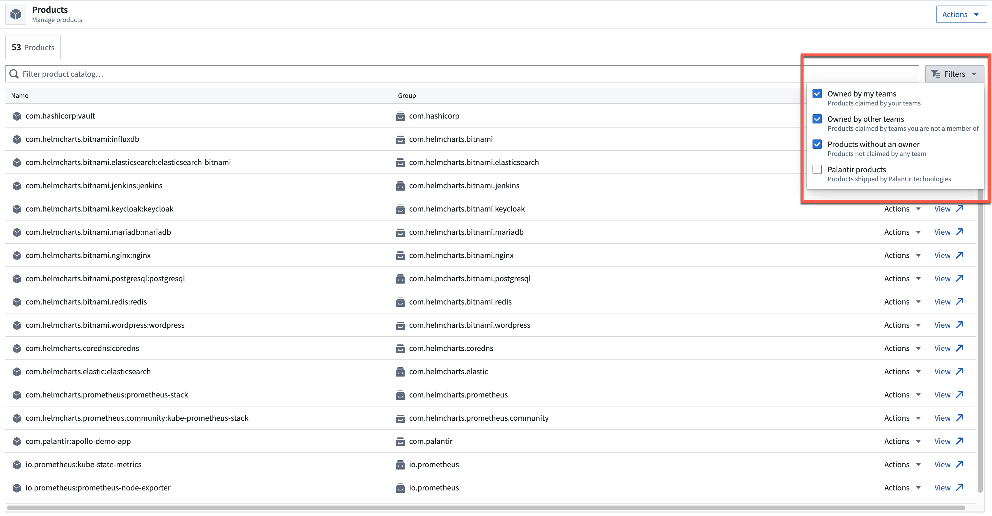 The Product catalog and the menu to filter Products by contact team.