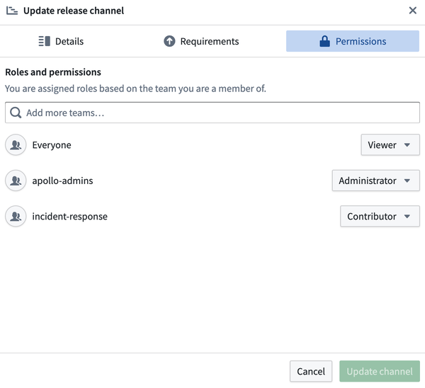 The Permissions tab of the Release Channel settings menu is displayed.