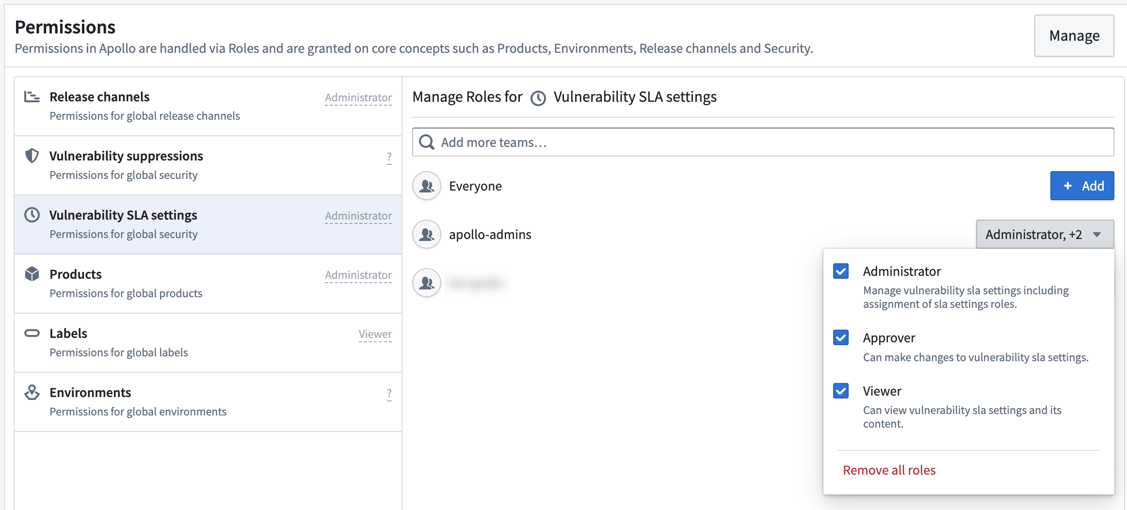 The dropdown to choose a role for a team is expanded for vulnerability SLA settings.