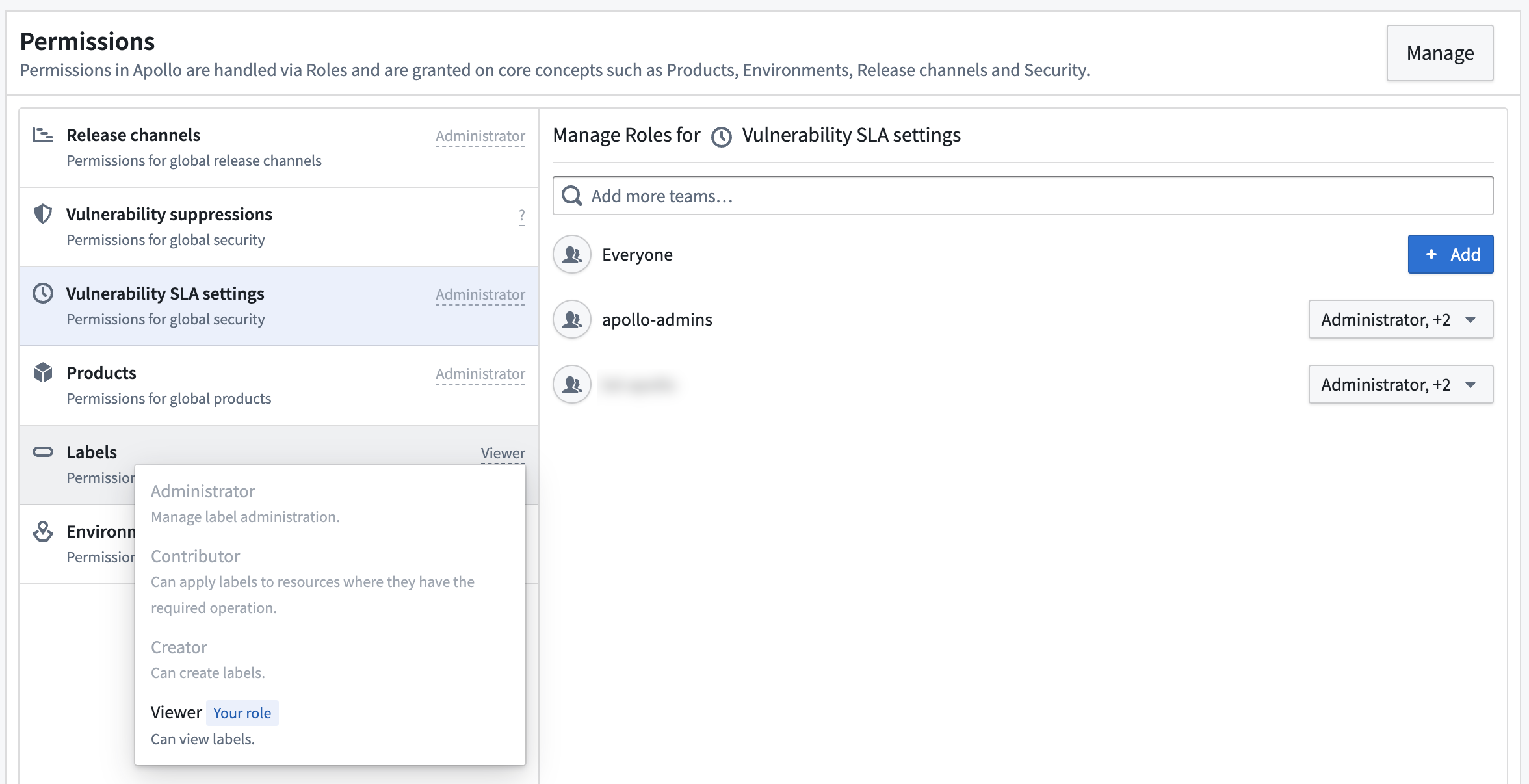 The roles for labels are expanded. This user has only the Label creator role.