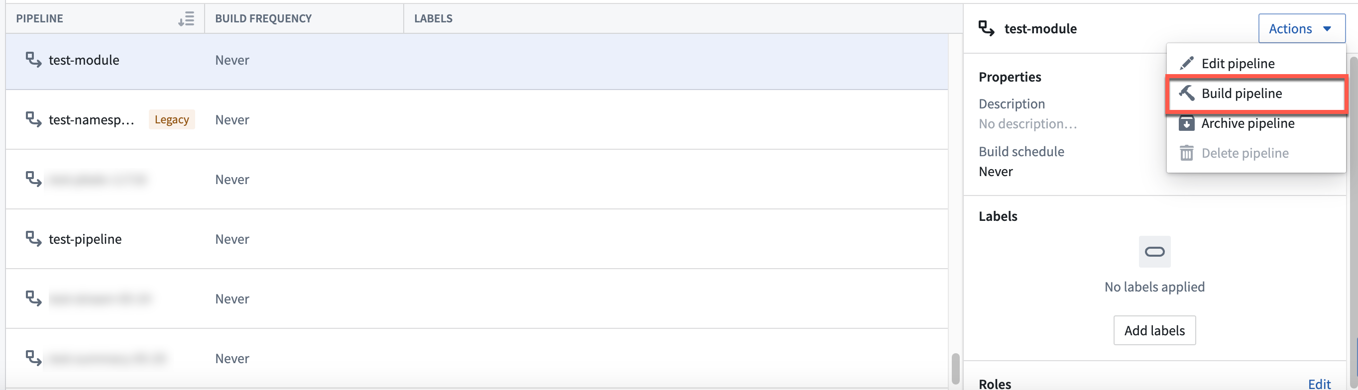 The Build Pipeline button.