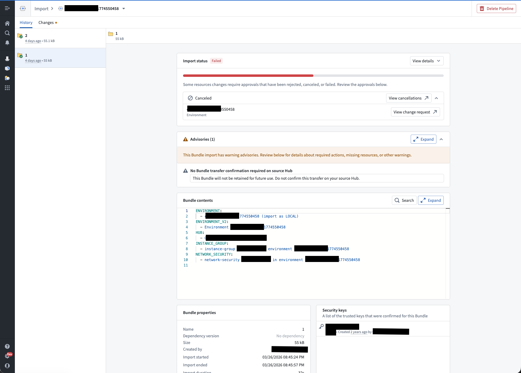 Cancelled Change Request on import