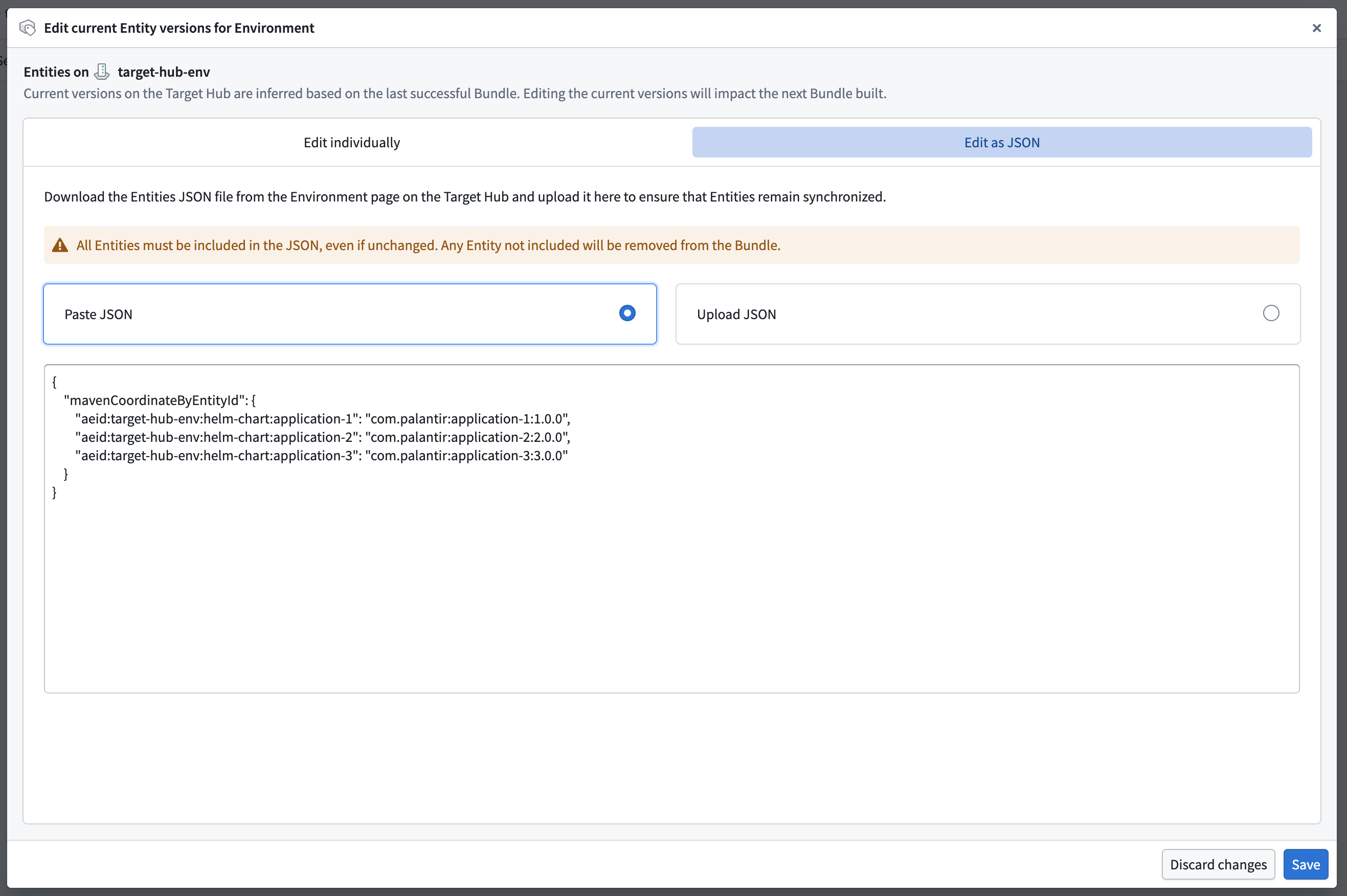 The interface to paste JSON for Target Hub versions.