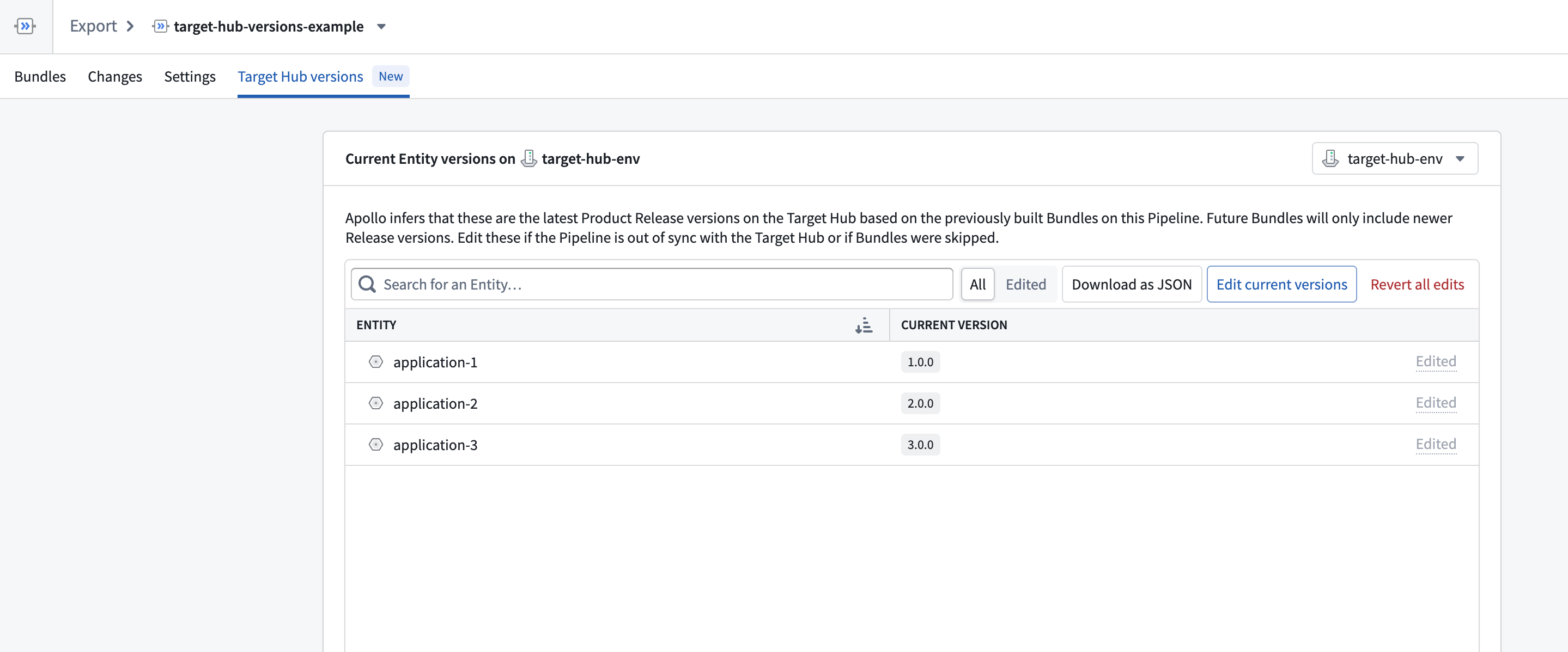 The view showing updated Target Hub versions.