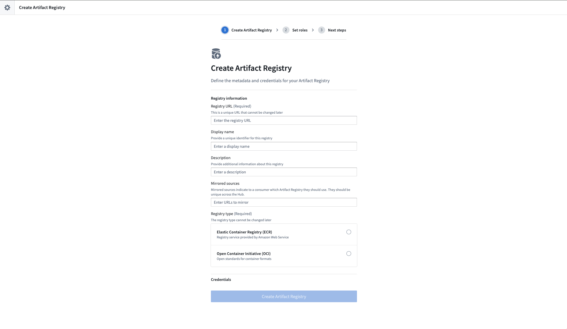 The "Create Artifact Registry" step, prompting for the URL, display name, credentials, mirrored registries, and description