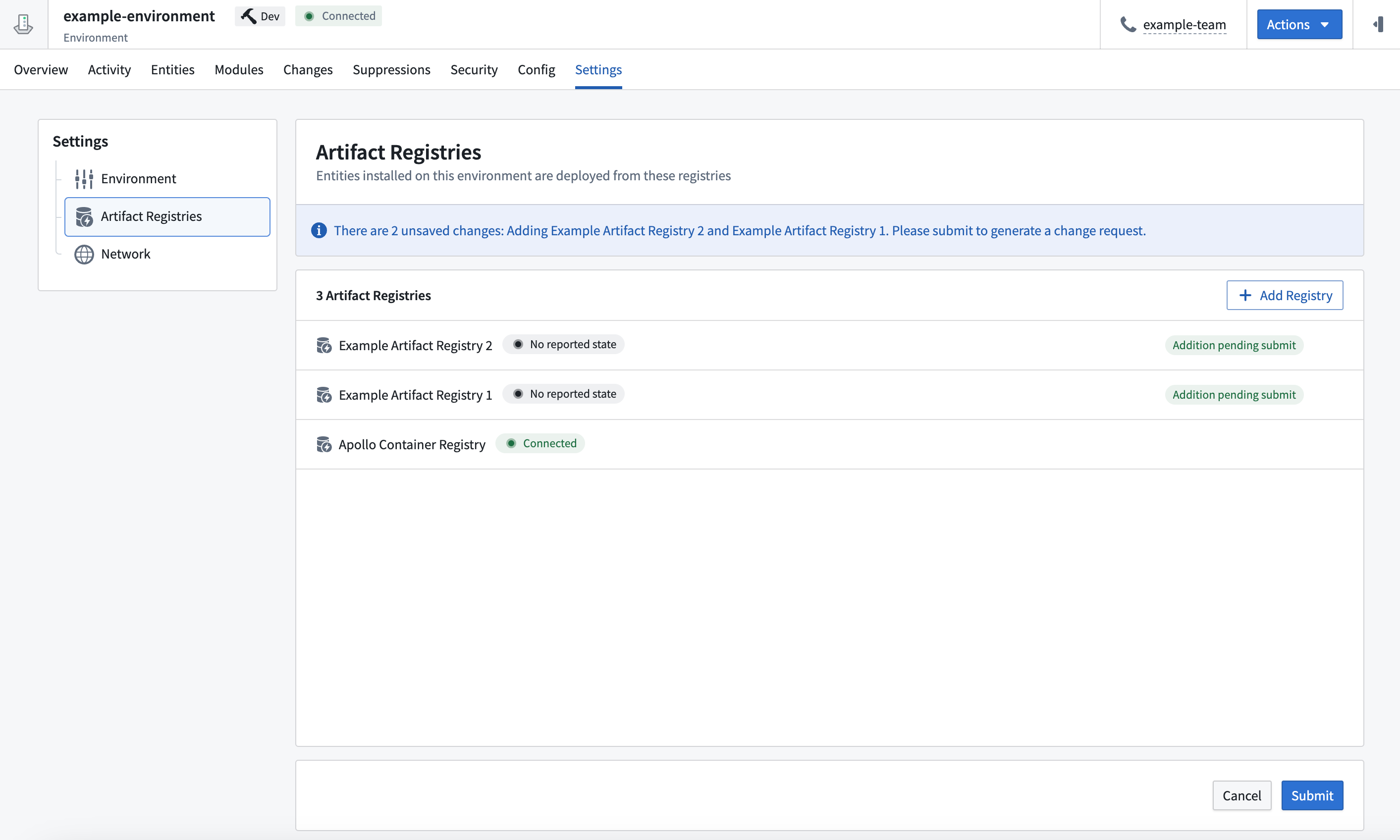 The "Artifact Registries" page for the environment, showing the pending Artifact Registries to be added to the envinronment