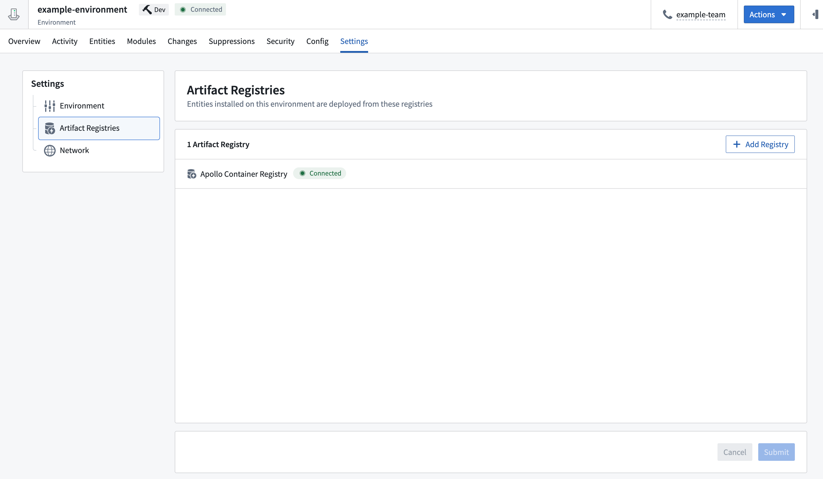 The "Artifact Registries" page for the environment, showing the currently assigned Artifact Registries for the environment and a button to edit which ones are in the environment