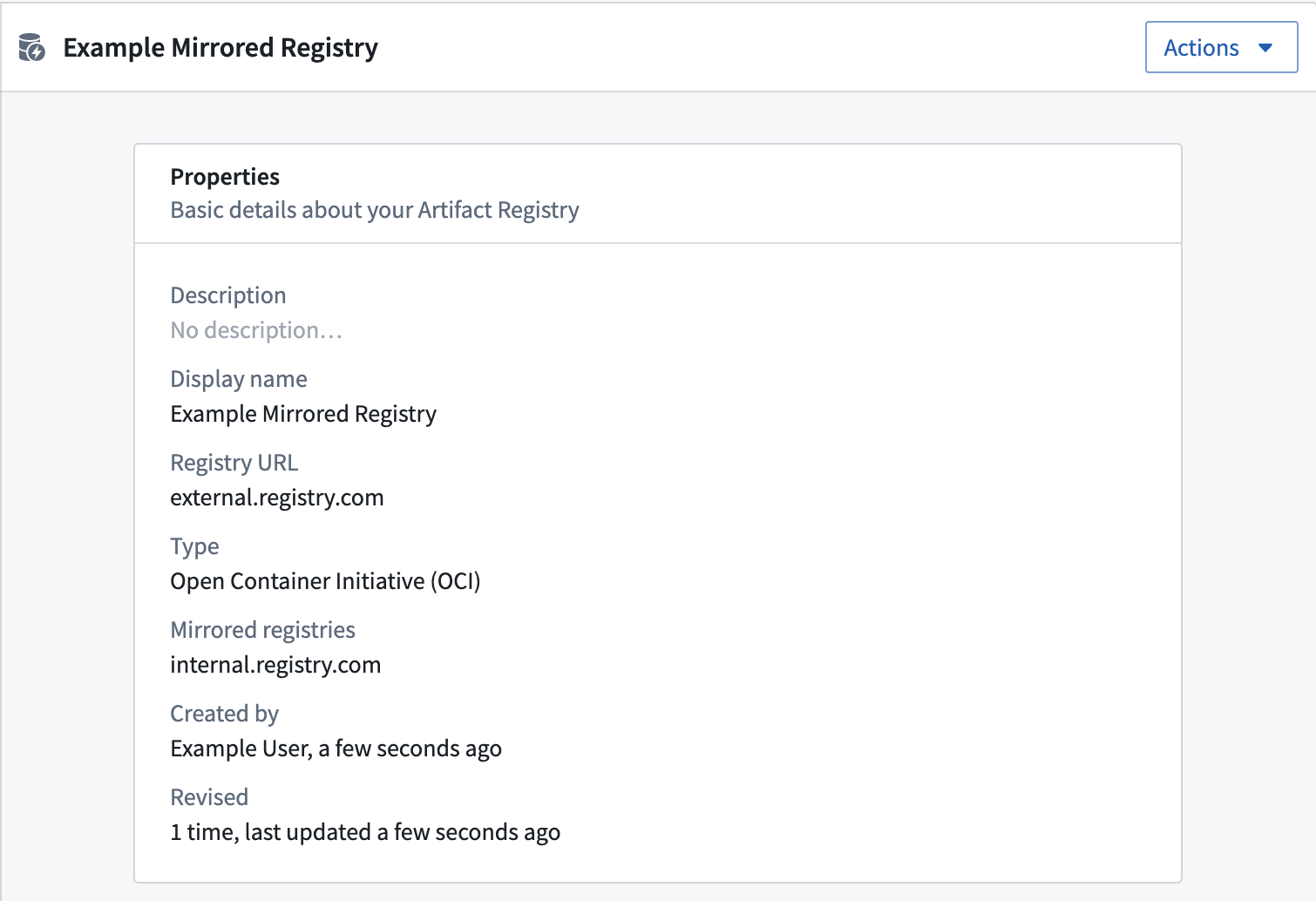 Example Mirrored Artifact Registry, with the URL being external.registry.com and the Mirrored Registry being internal.registry.com