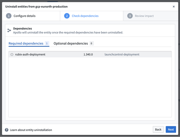 The Check dependencies tab of the Entity uninstallation form.