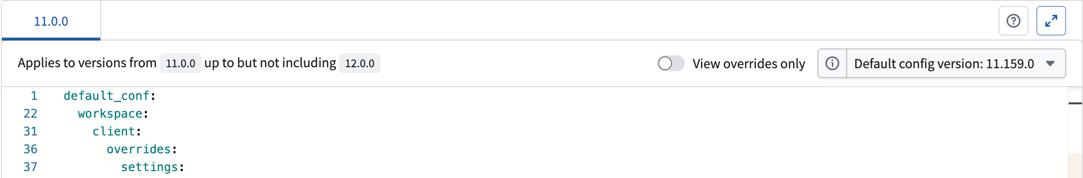 The config editor is displayed, showing the default config version picker.