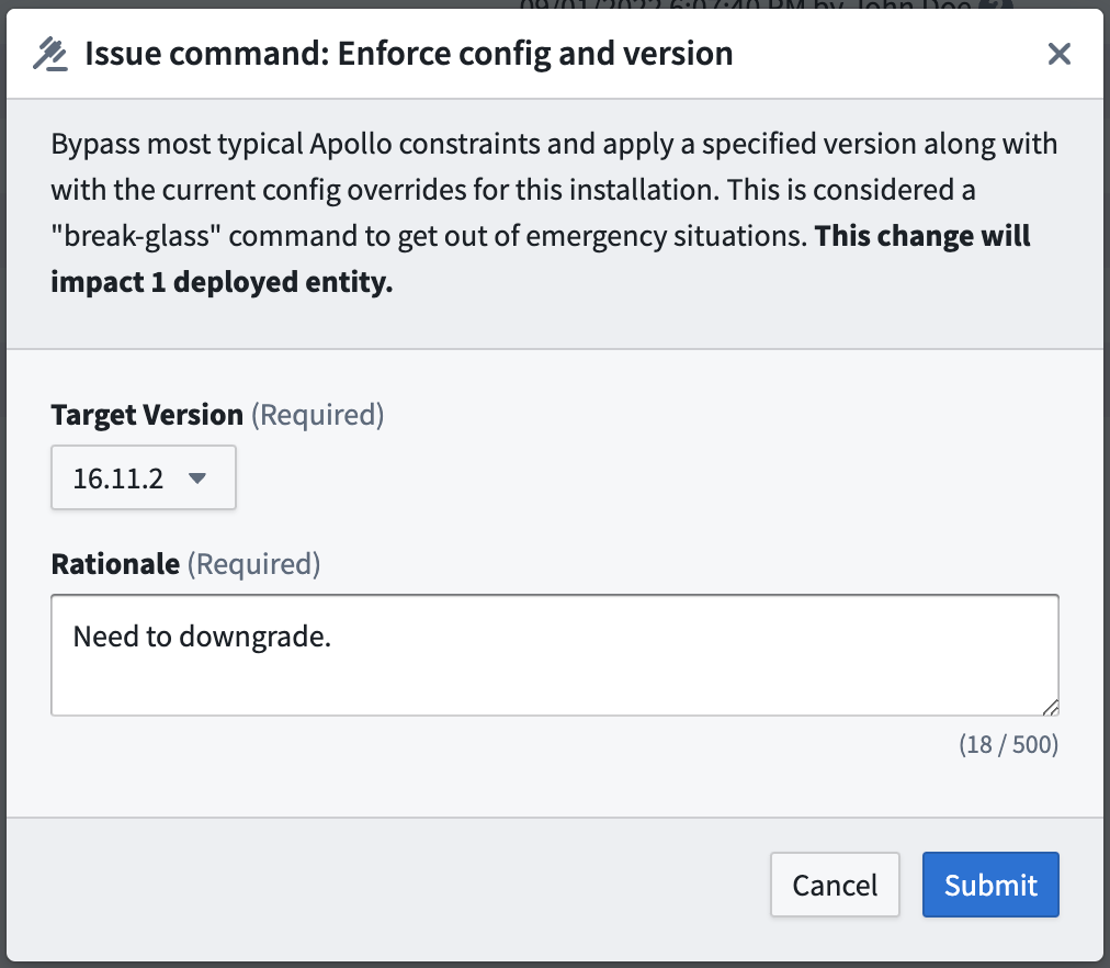 Change the Release on the Entity to the selected Target version and apply the latest configuration overrides to the Entity by issuing the enforce config and version command.