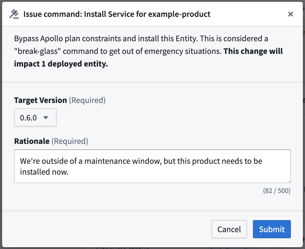 Install the selected Target version of the entity by issuing the install command.