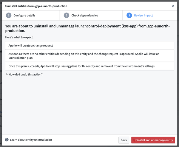 The Review impact tab of the Entity uninstallation form.