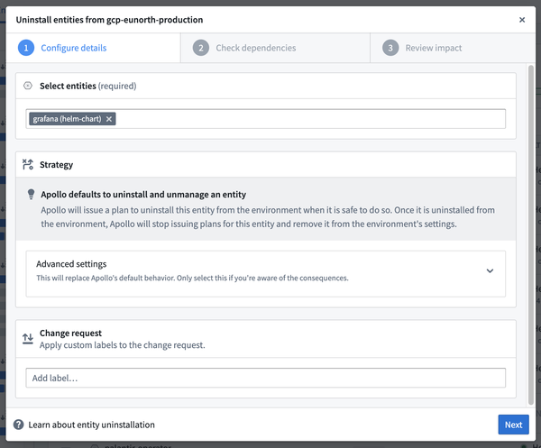 The Configure details tab of the Entity uninstallation form.