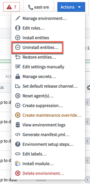 The Uninstall entities option in the Actions dropdown is highlighted.