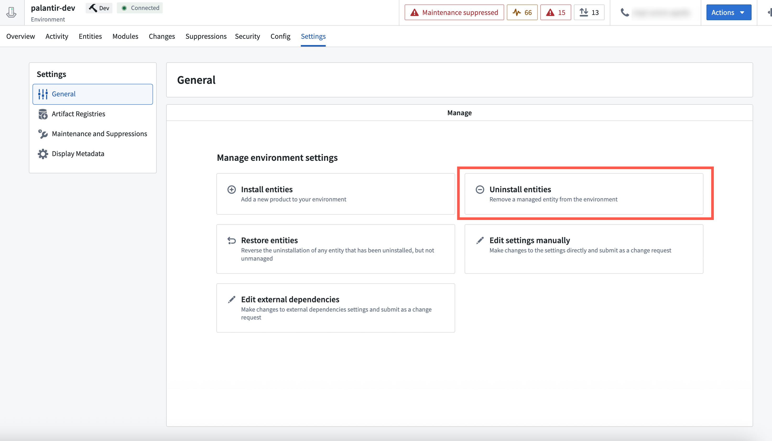 The Uninstall entities option is highlighted.