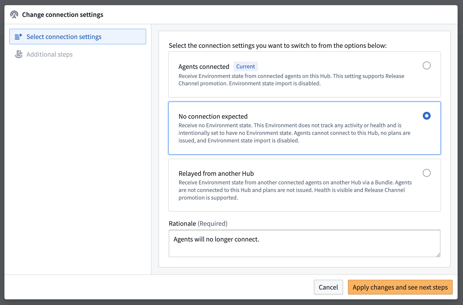 Edit Environment connection modal with options