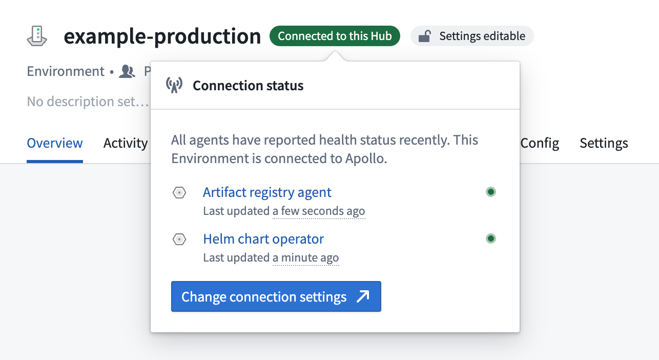 Tag in Environment header showing connection setting