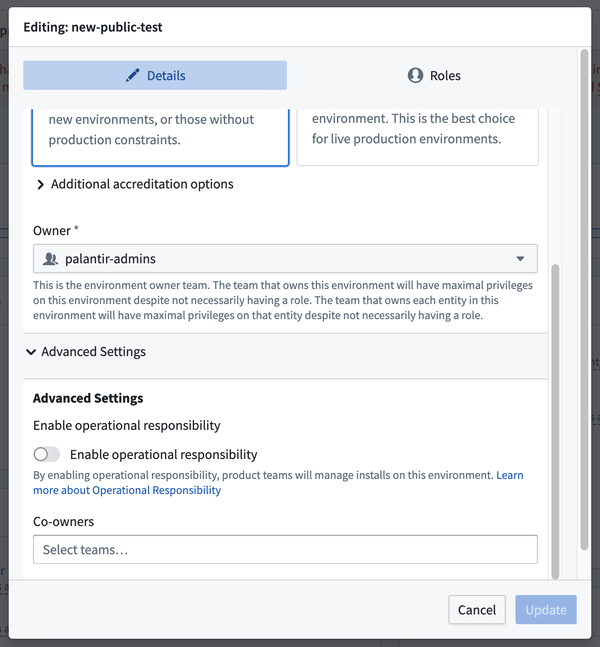 The Advanced settings section of the Environment management settings form is expanded.