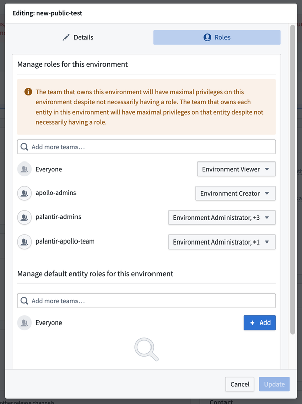 The Roles tab of the Environment management settings form.