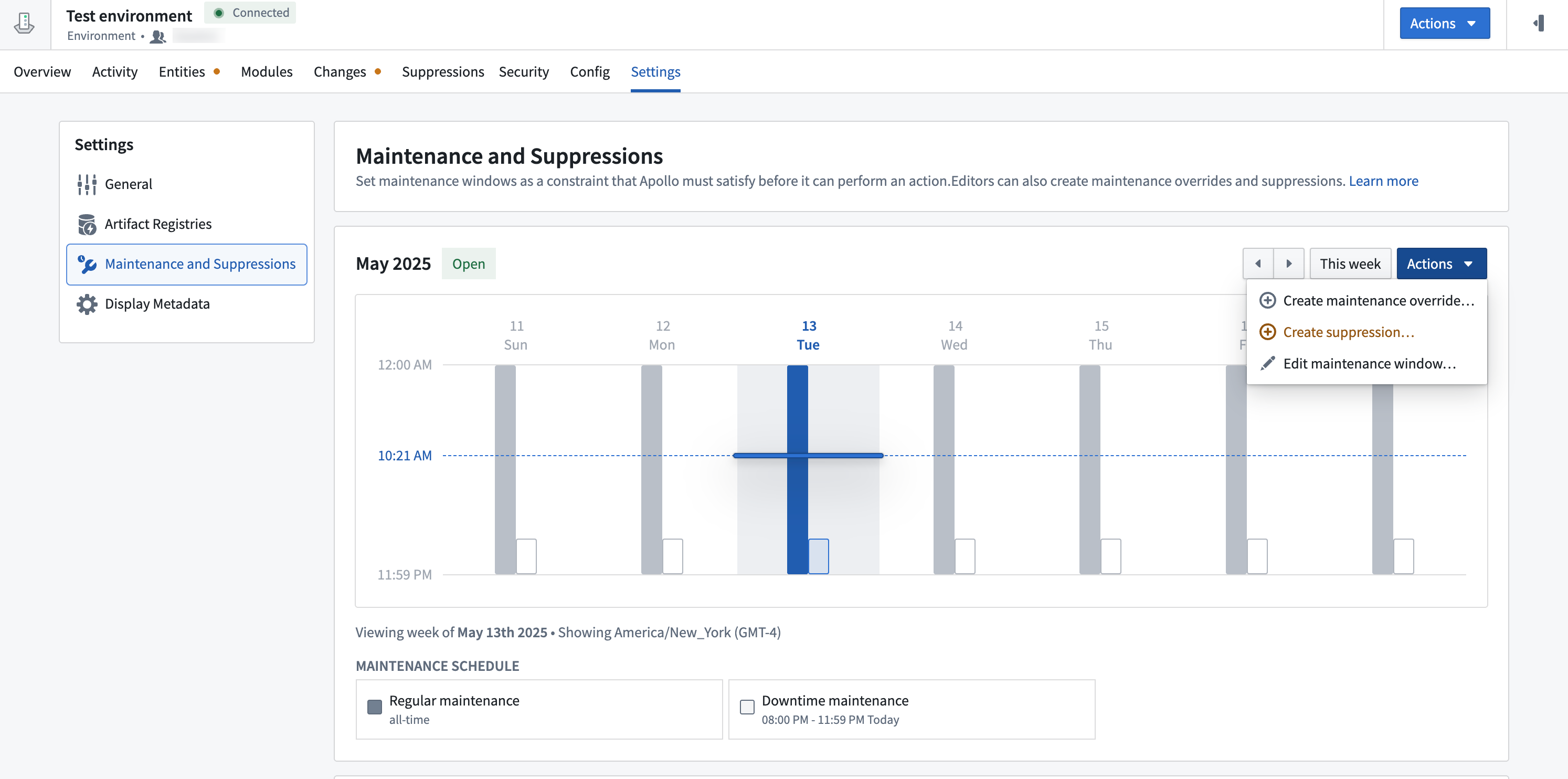 Maintenance and suppressions tab.