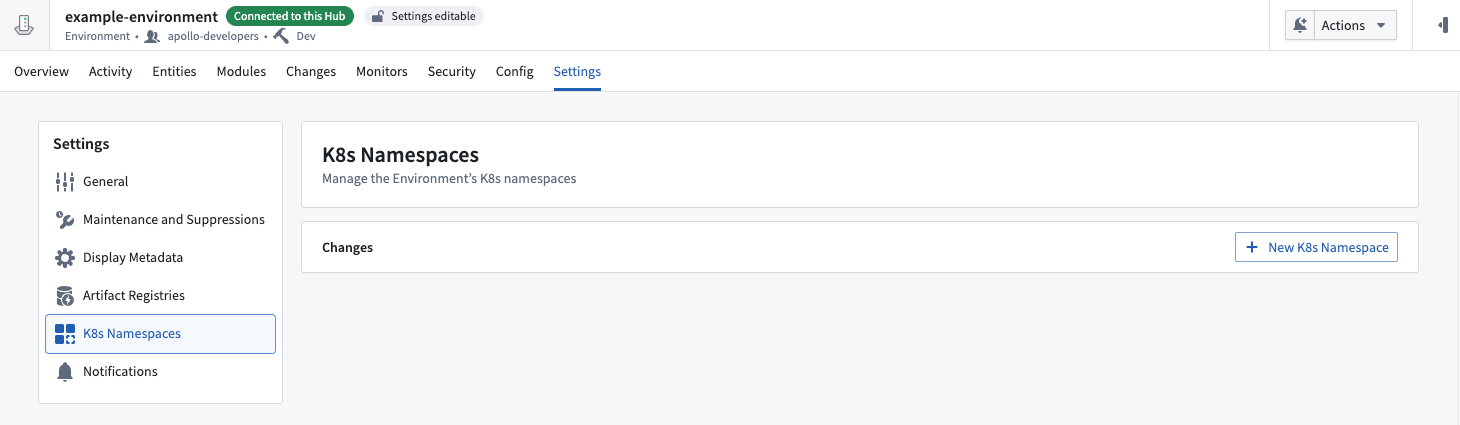 K8s Namespaces section in Environment Settings tab