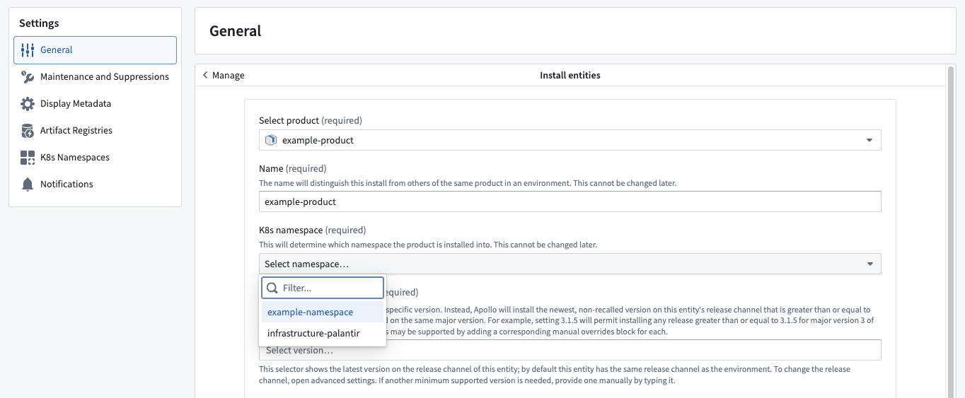 Select Kubernetes namespace during entity installation