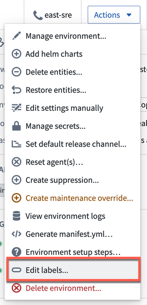 The Actions dropdown menu is expanded and the Edit labels option is highlighted.