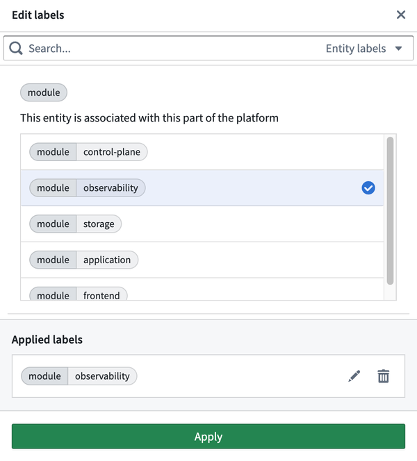 A key-value pair is selected to apply to the Entity. It is displayed under the Applied labels section.