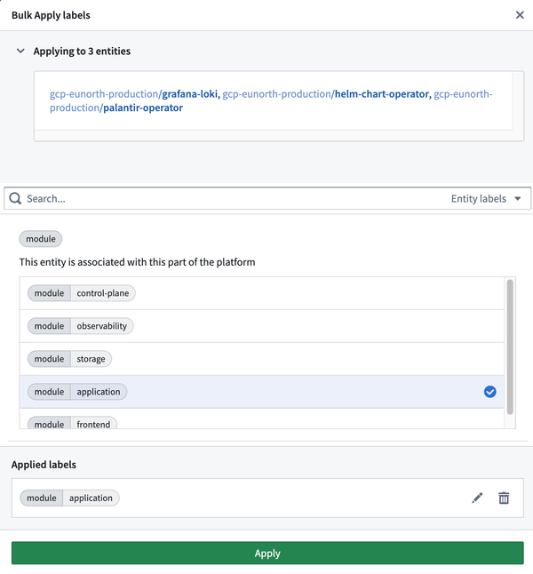 A label key-value pair is selected to bulk apply to Entities.