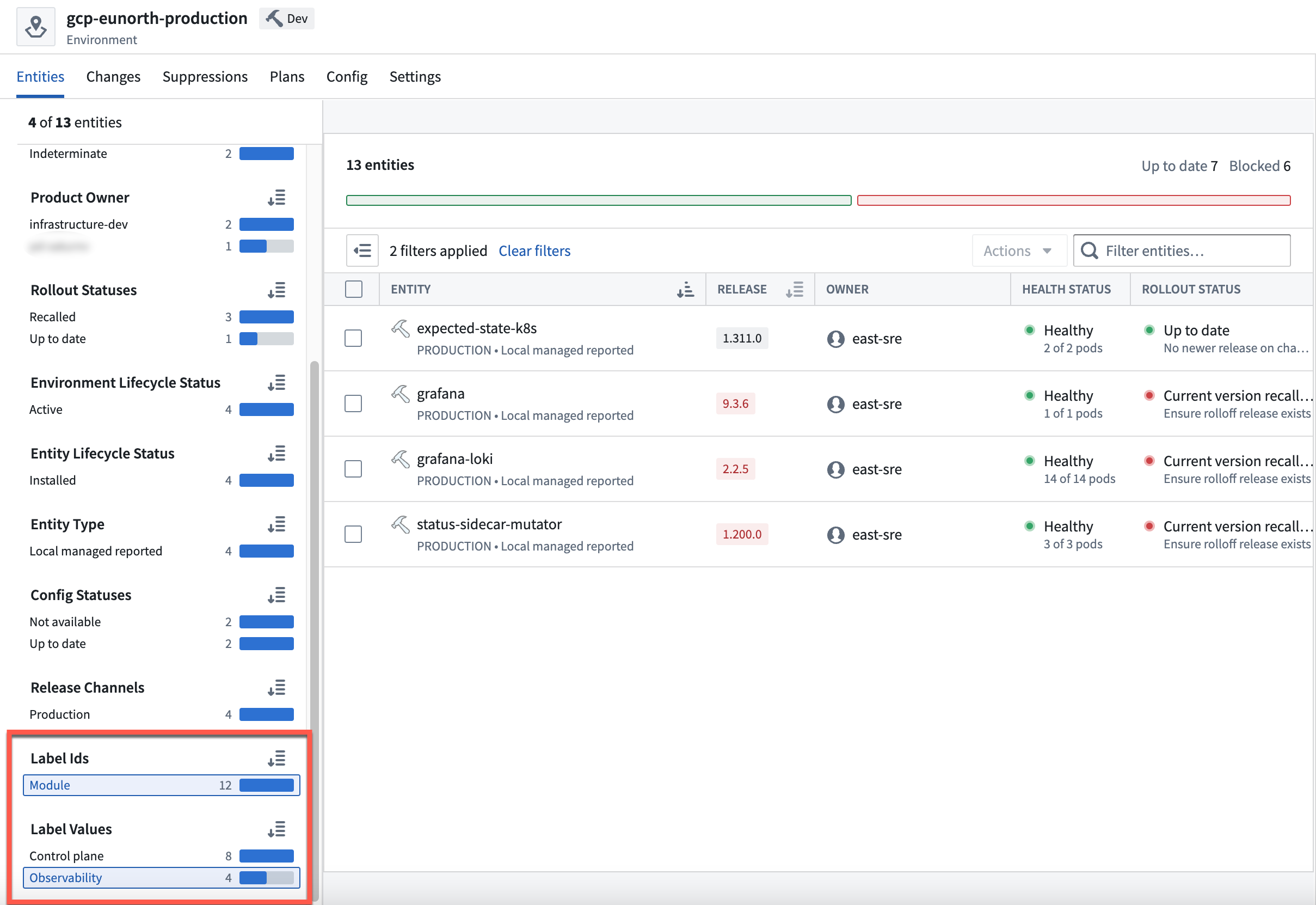 The module label ID and observability label value are selected. There are four Entities displayed that have this key-value pair.