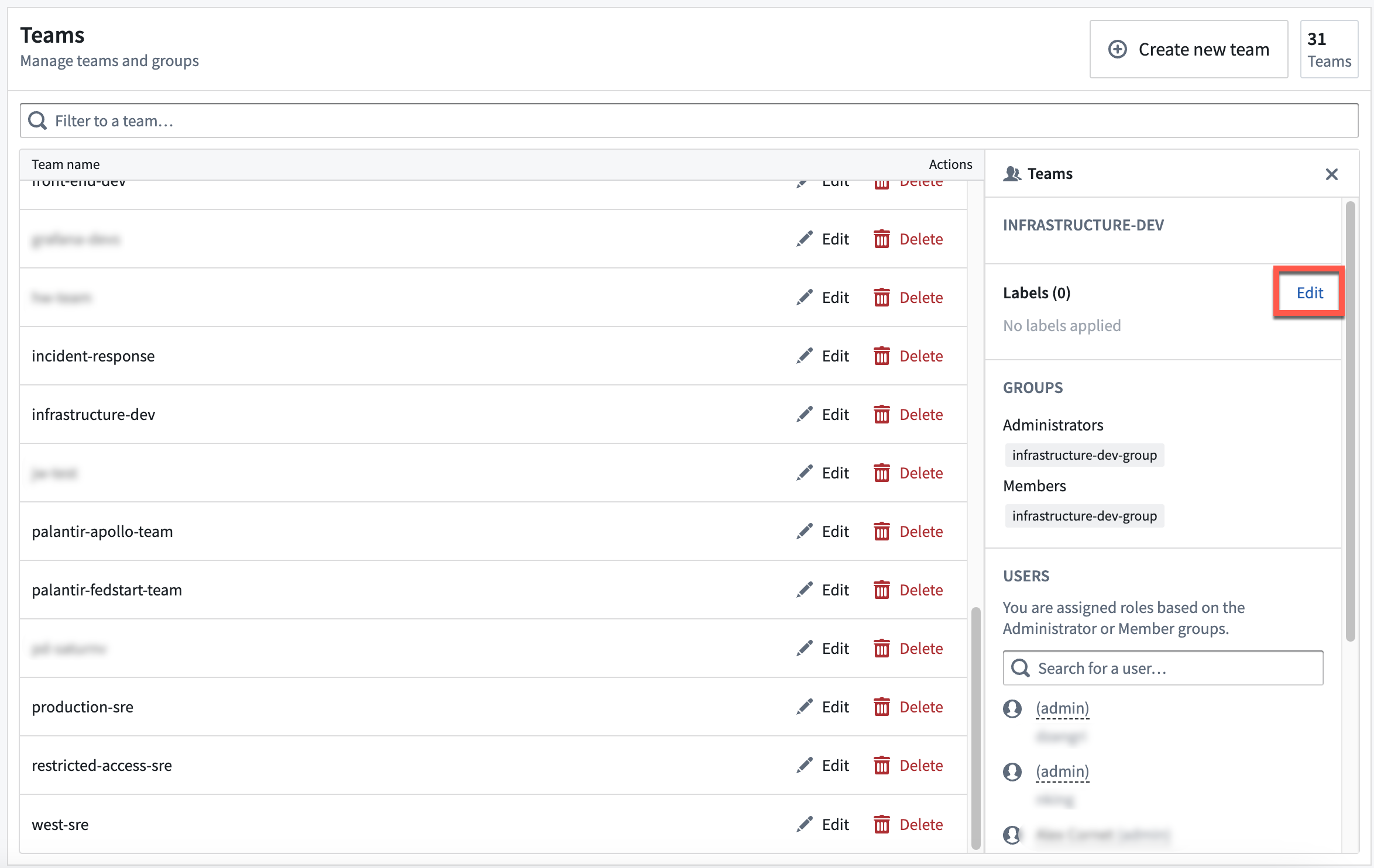 The Edit button to apply labels to Teams is highlighted.