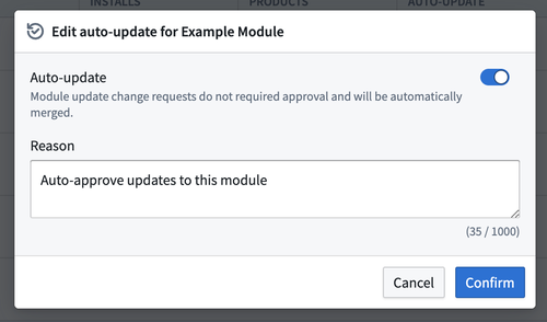 Form to enable automatic approvals for a Module.