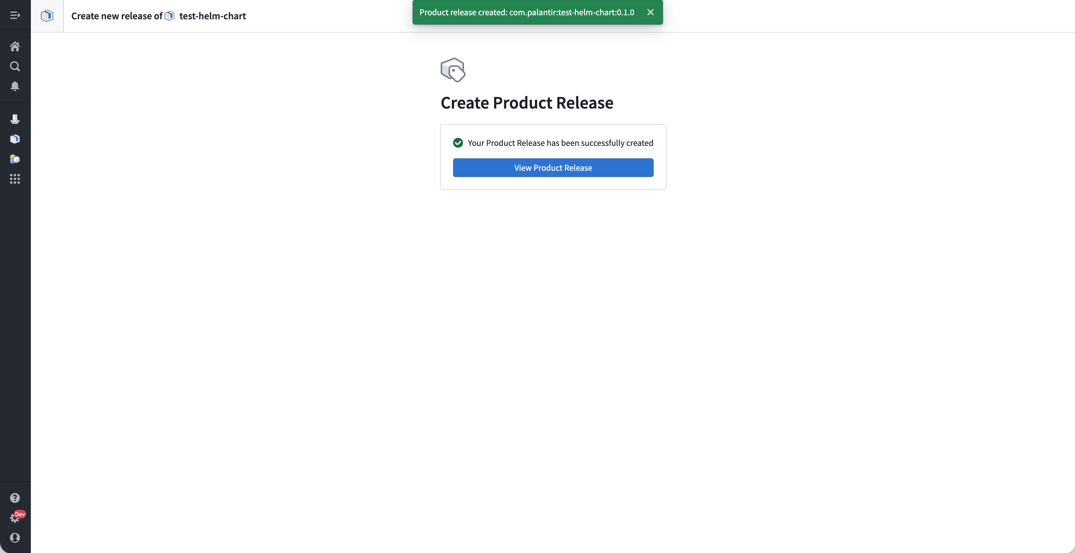 The success confirmation screen showing the 'Your Product Release has been successfully created' message.