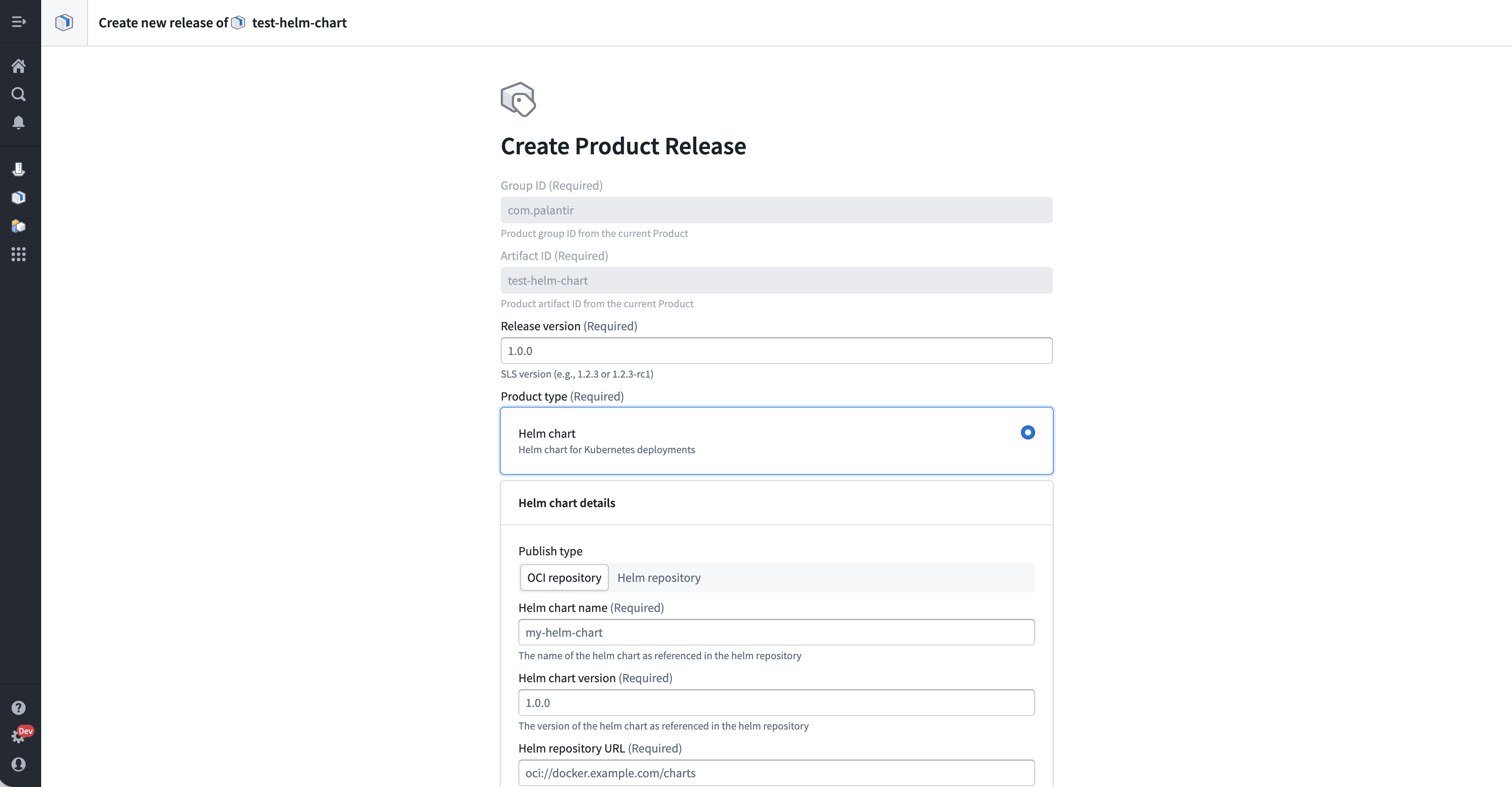 The create Product Release workflow before any fields have been inputted.