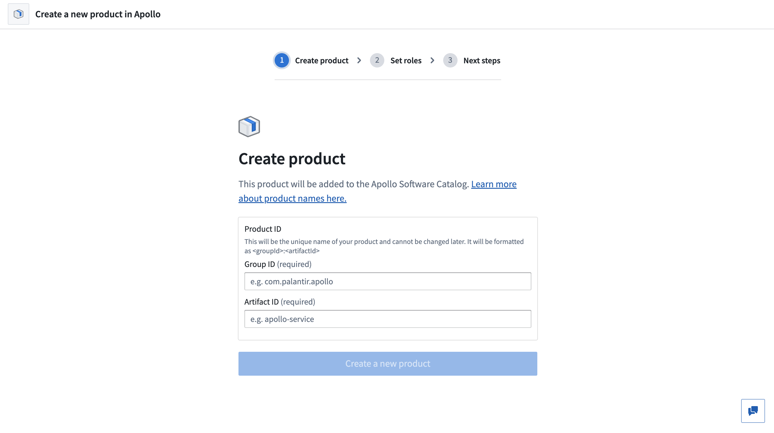 The "Create product" step, prompting for a Group ID and Artifact ID