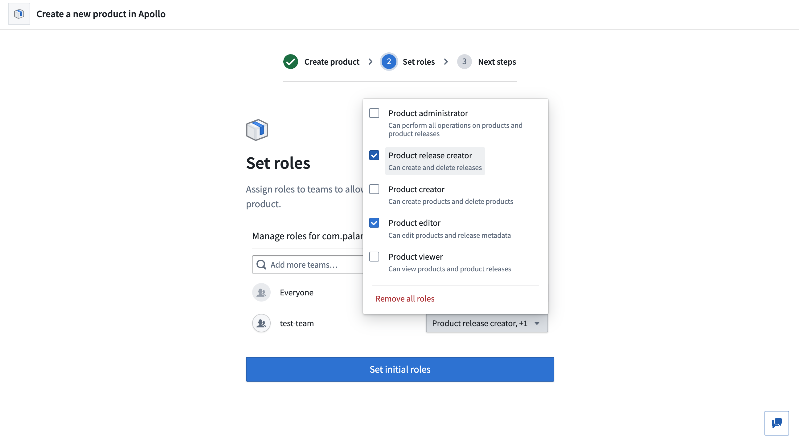 The "Set roles" step, showing assignment of the "Product release creator" role